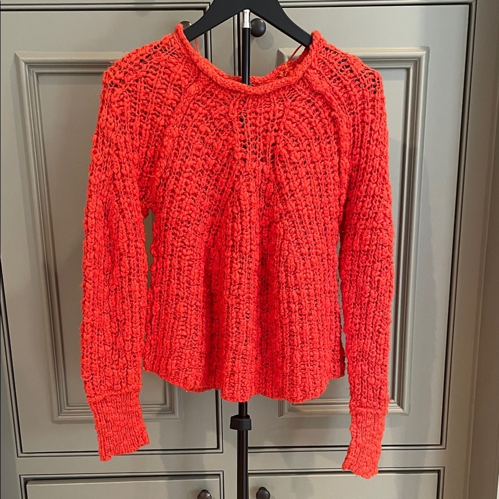 Free People Chunky Knit Crew Bold Orange Sweater Textured Casual Pullover Boho